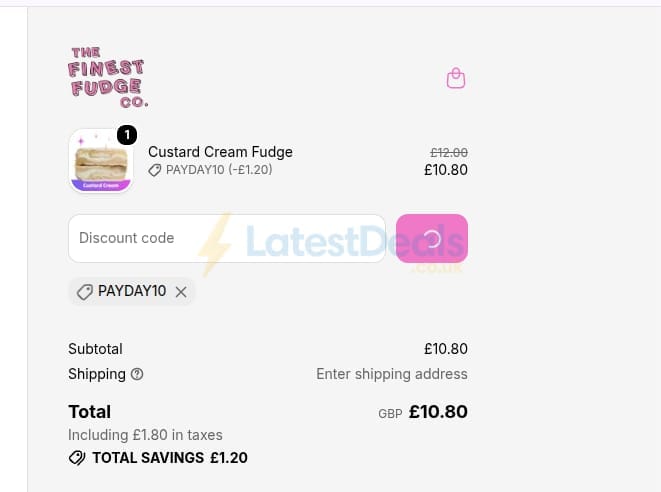 Screenshot of the The Finest Fudge Co. discount code working