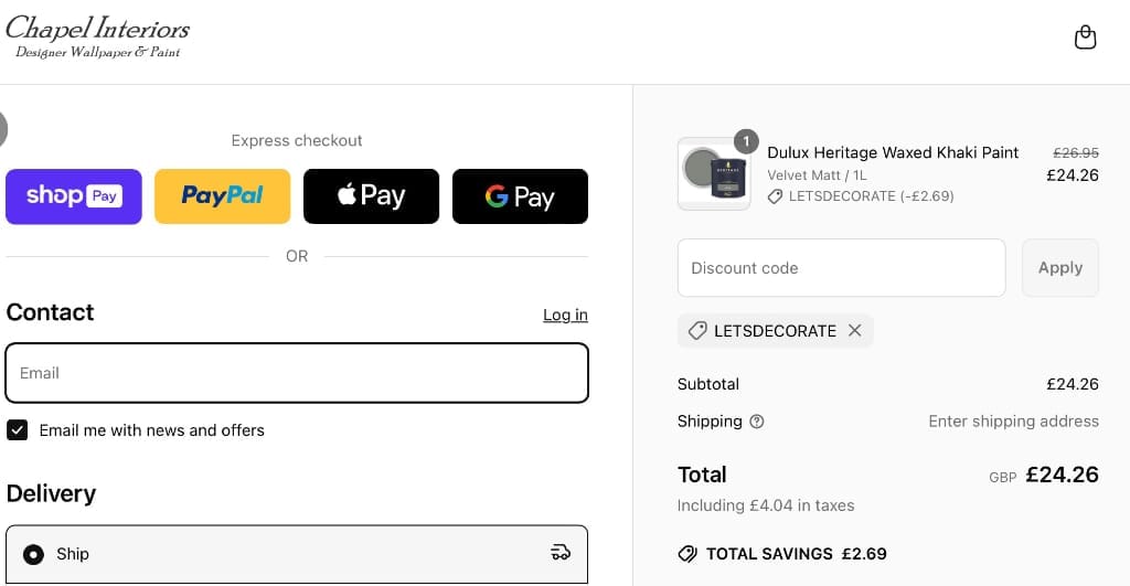 Screenshot of the Chapel Interiors discount code working