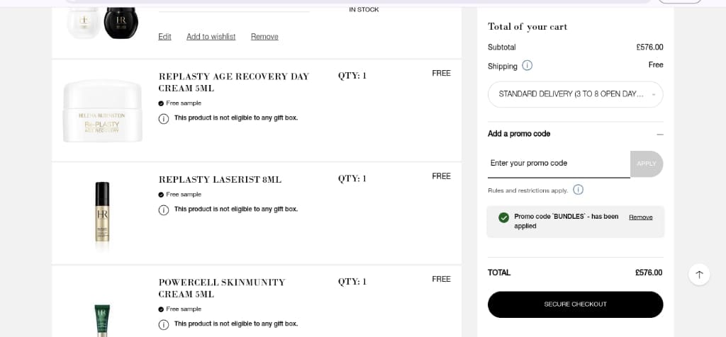 Screenshot of the Helena Rubinstein discount code working