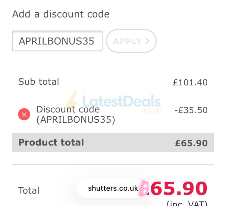 Screenshot of the Shutter Store UK discount code working