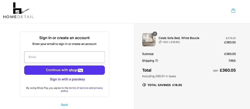 Screenshot of the Homedetail discount code working