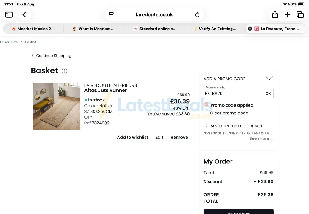 Screenshot of the La Redoute discount code working