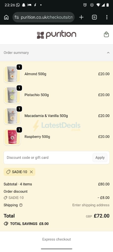 Screenshot of the Purition discount code working