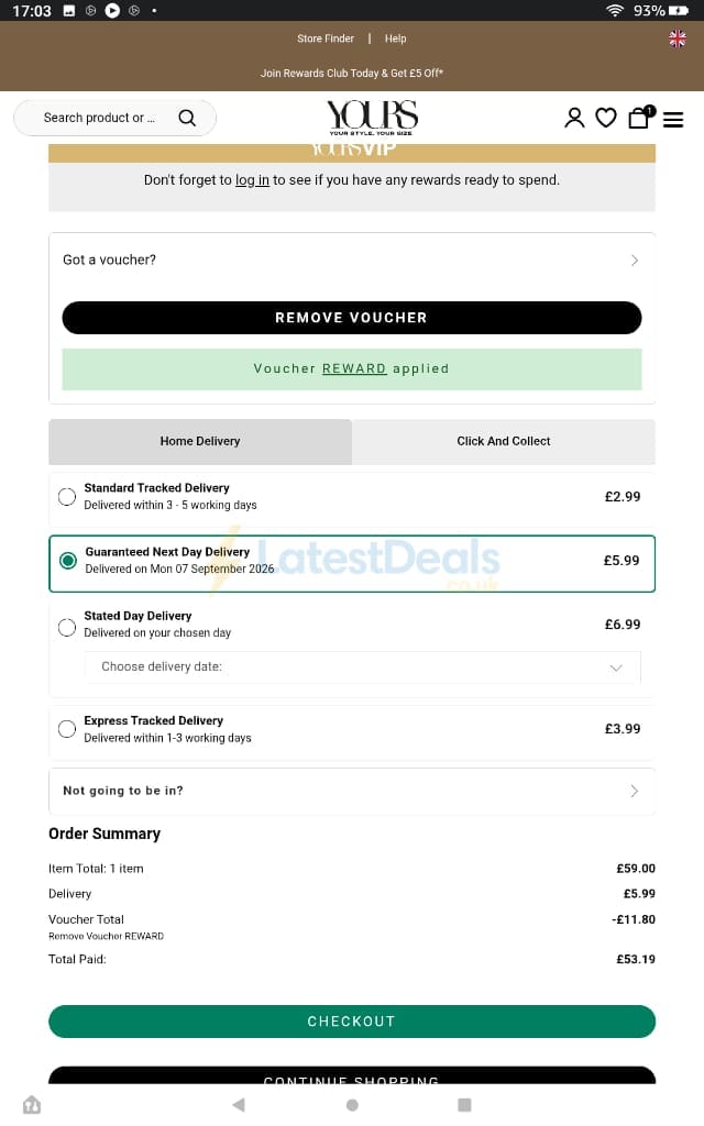 Screenshot of the Yours Clothing discount code working