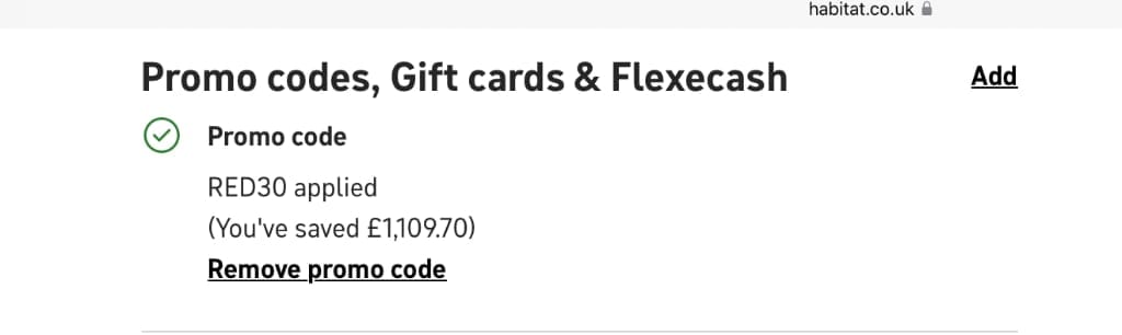 Screenshot of the Habitat discount code working