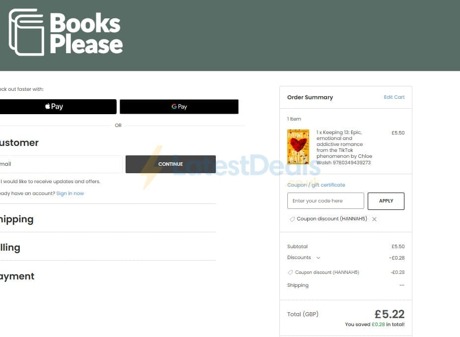 Screenshot of the Books Please discount code working