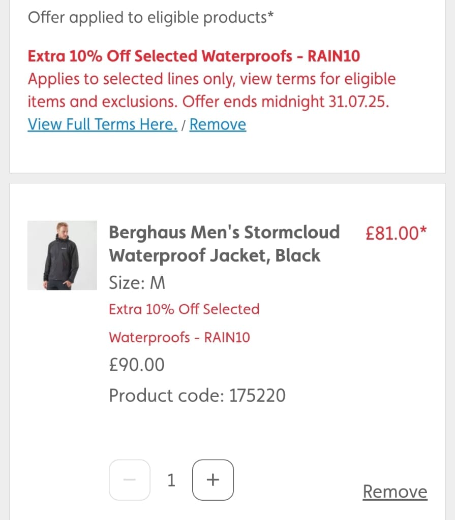Screenshot of the Millets discount code working