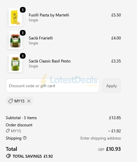 Screenshot of the Sacla discount code working