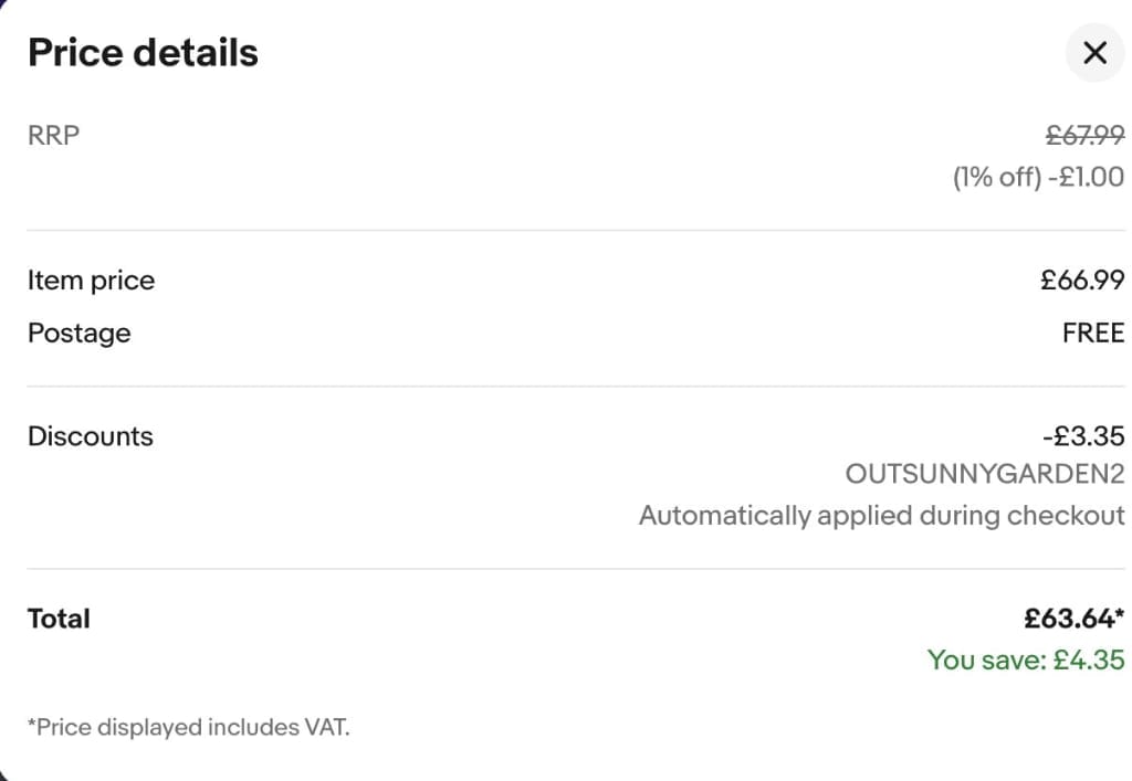 Screenshot of the ebay discount code working