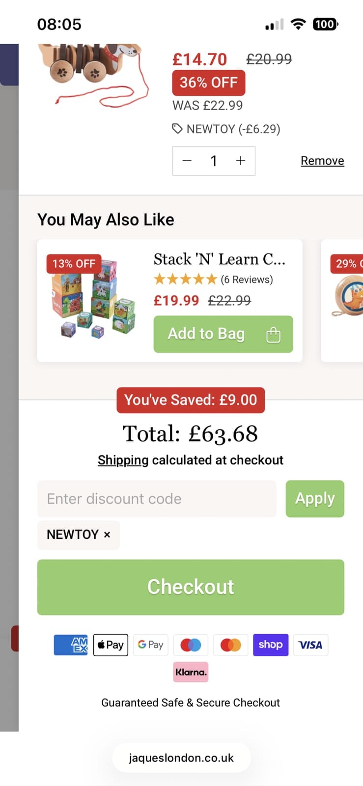 Screenshot of the Jaques London discount code working