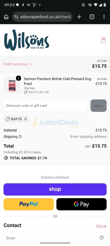 Screenshot of the Wilsons Pet Food discount code working