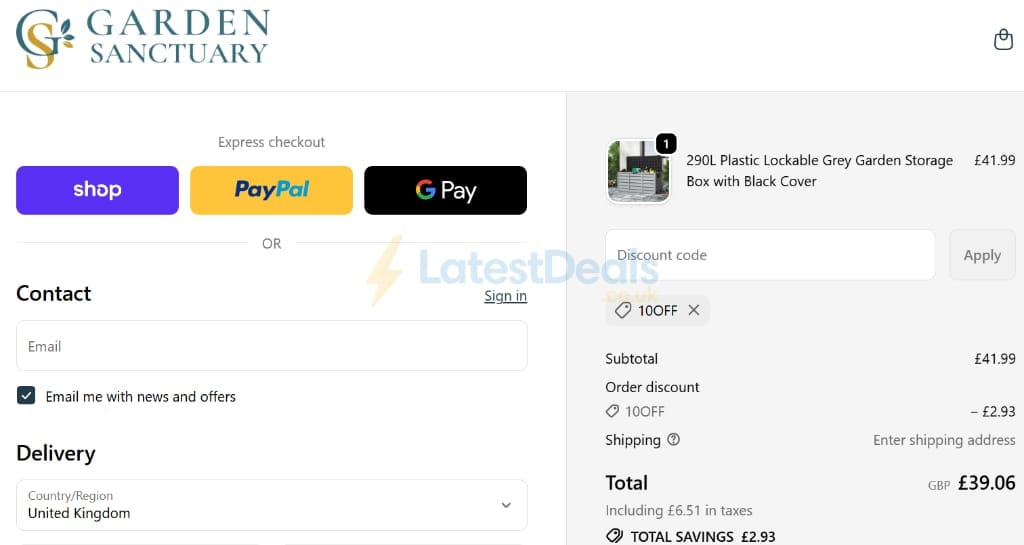 Screenshot of the Garden Sanctuary discount code working