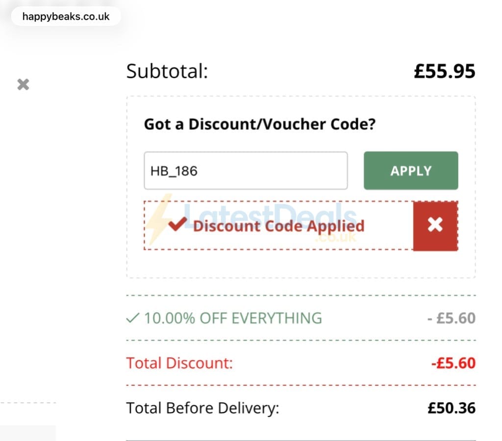 Screenshot of the Happy Beaks discount code working