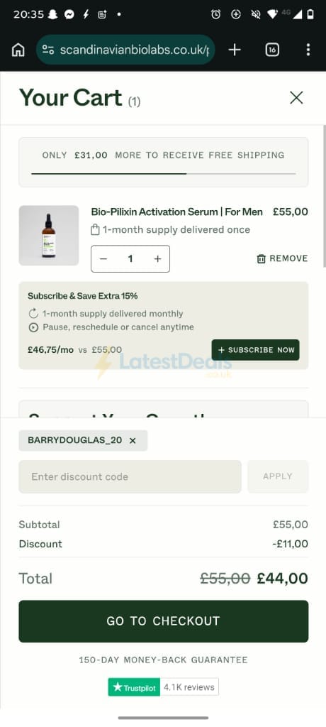 Screenshot of the Scandinavian Biolabs discount code working