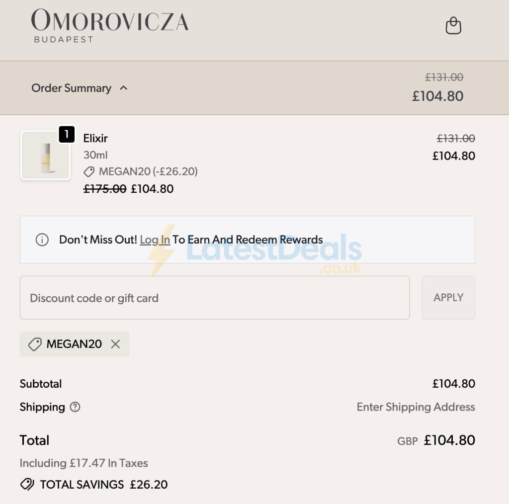 Screenshot of the Omorovicza discount code working