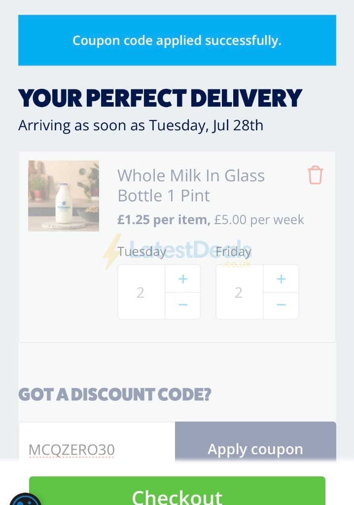 Screenshot of the McQueens Dairies discount code working