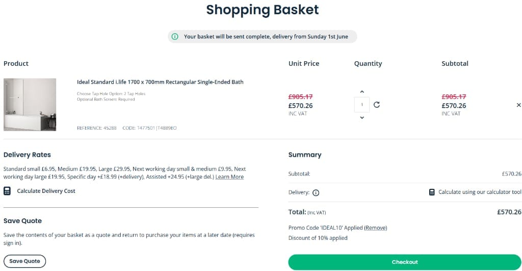 Screenshot of the Sanctuary Bathrooms discount code working