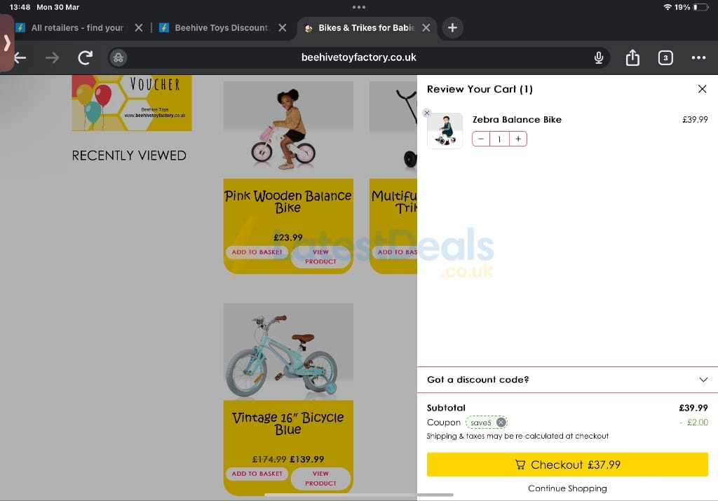 Screenshot of the Beehive Toys discount code working