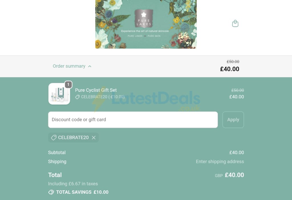 Screenshot of the Pure Lakes discount code working
