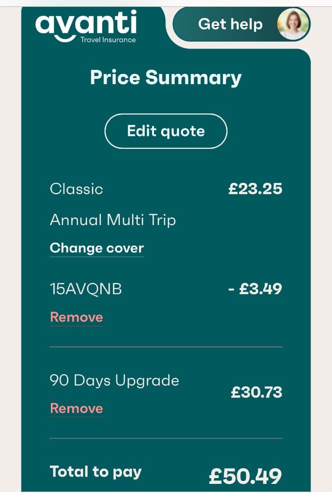Screenshot of the Avanti Travel Insurance discount code working