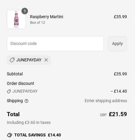 Screenshot of the Tapp D Cocktails discount code working