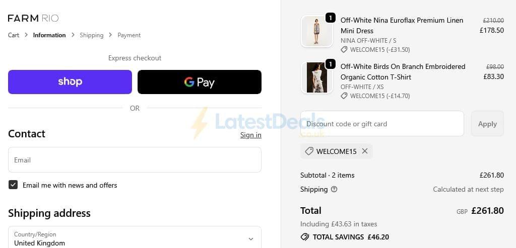 Screenshot of the Farm Rio discount code working