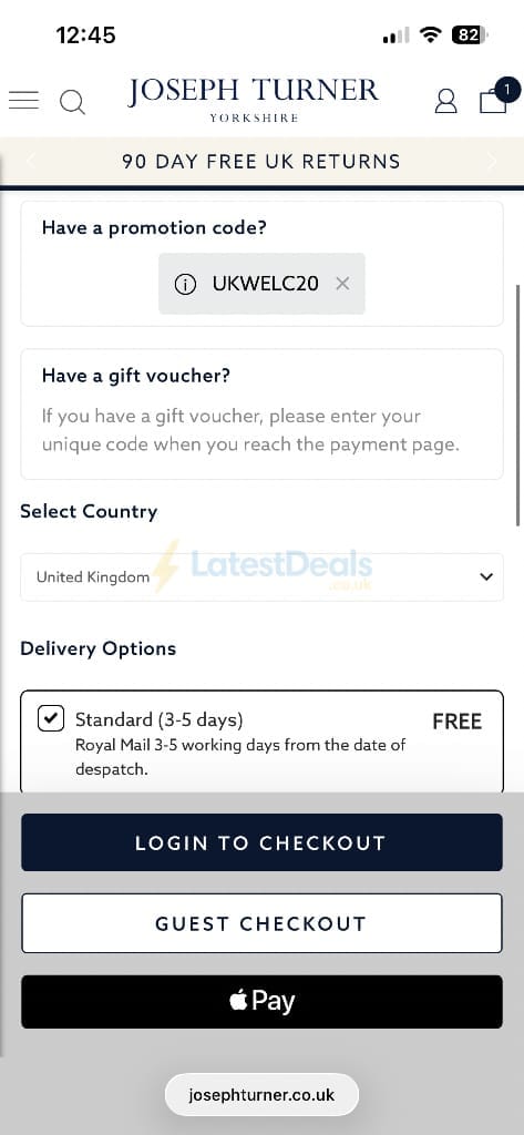 Screenshot of the Joseph Turner discount code working
