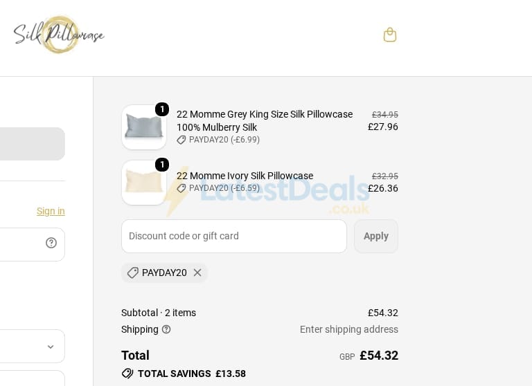 Screenshot of the Silk Pillowcase discount code working