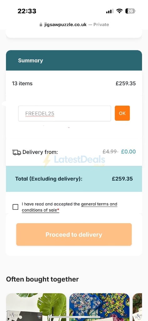 Screenshot of the Jigsaw Puzzle discount code working