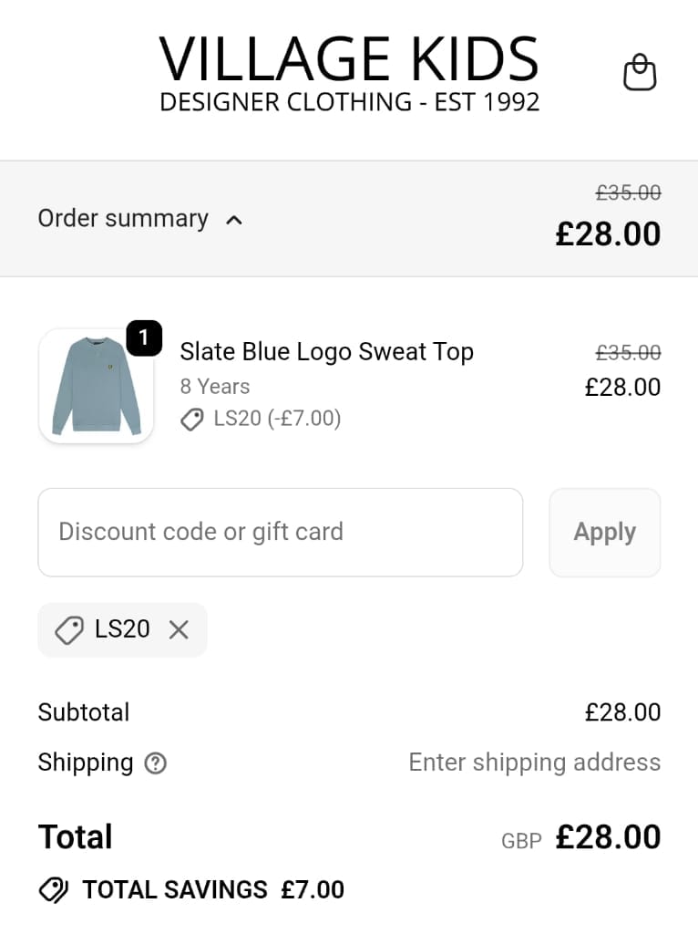 Screenshot of the Village Kids discount code working