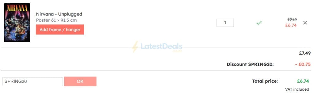 Screenshot of the UKposters discount code working
