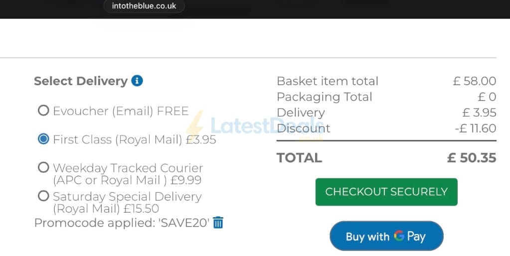 Screenshot of the Into The Blue discount code working
