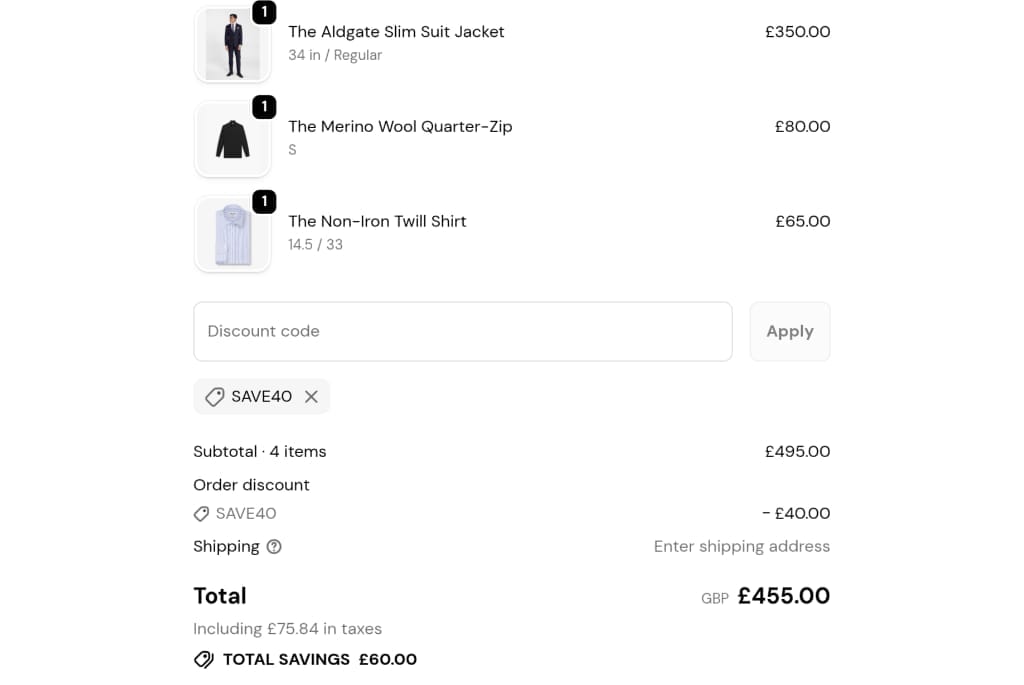 Screenshot of the TM Lewin discount code working