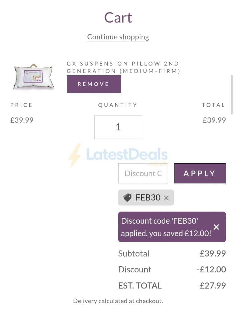 Screenshot of the Gx Pillows discount code working