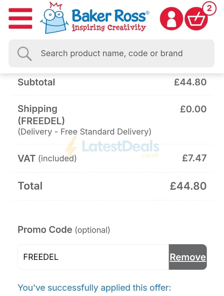 Screenshot of the Baker Ross discount code working