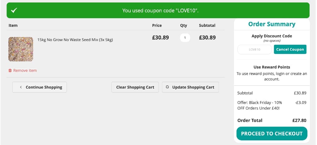 Screenshot of the Love Garden Birds discount code working