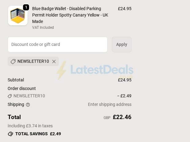 Screenshot of the Blue Badge Co discount code working