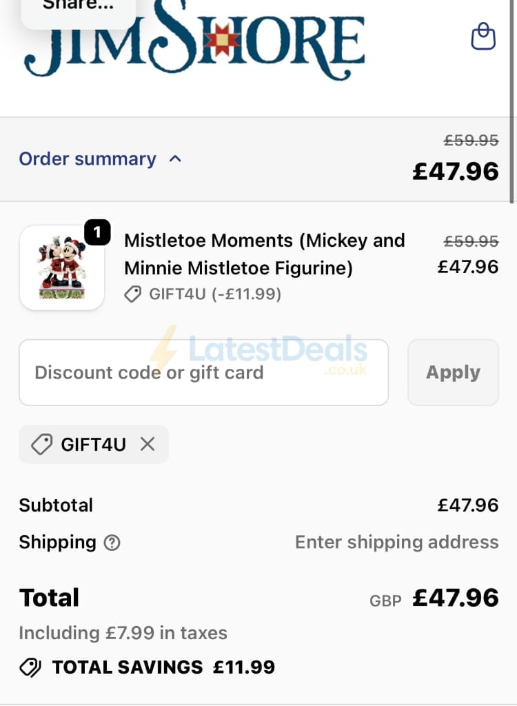 Screenshot of the Jim Shore discount code working