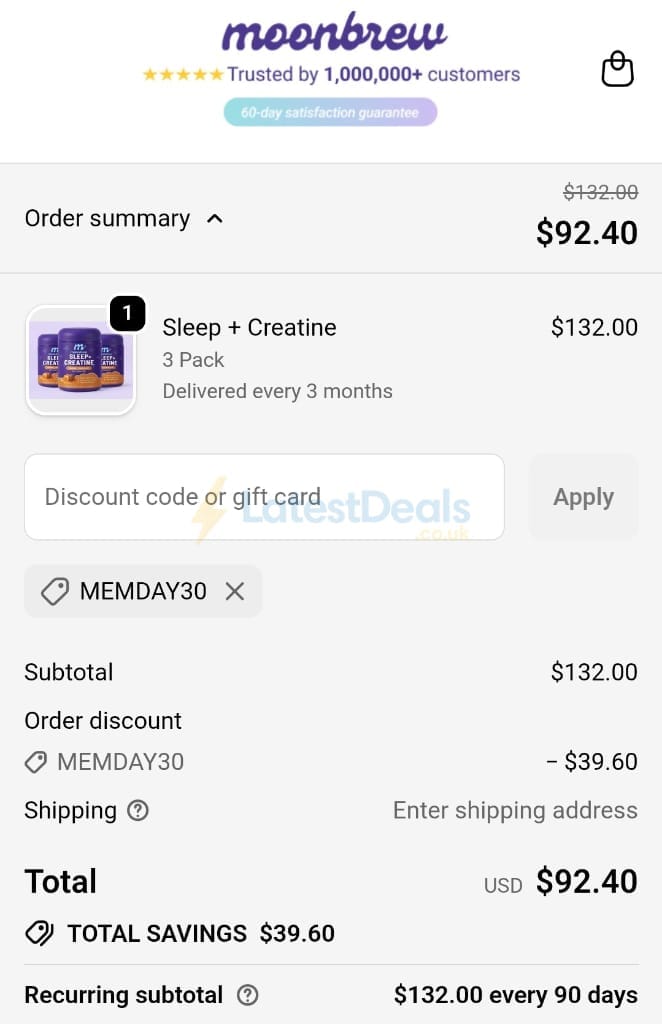 Screenshot of the MoonBrew discount code working