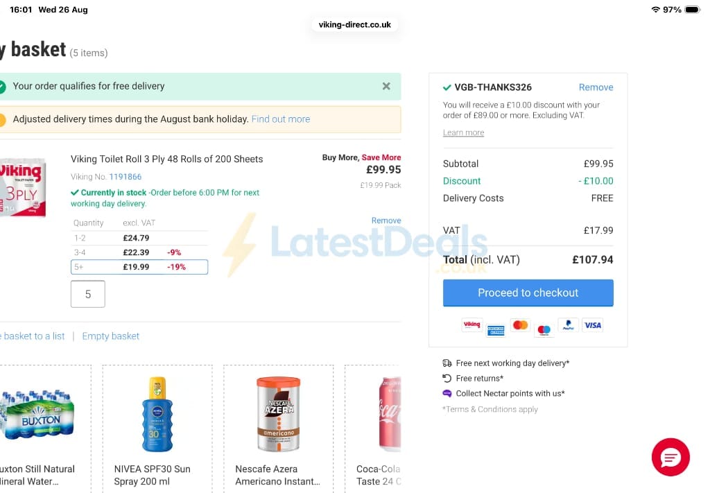 Screenshot of the Viking Direct discount code working