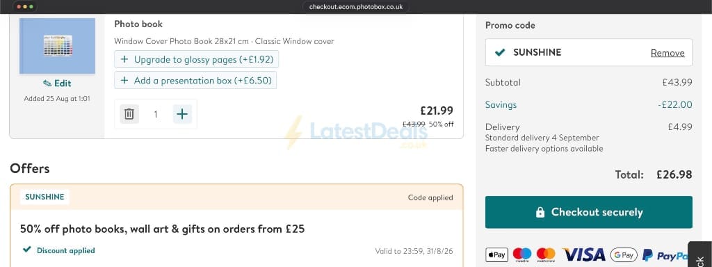 Screenshot of the Photobox discount code working