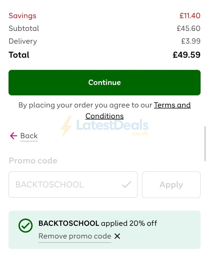 Screenshot of the Very discount code working