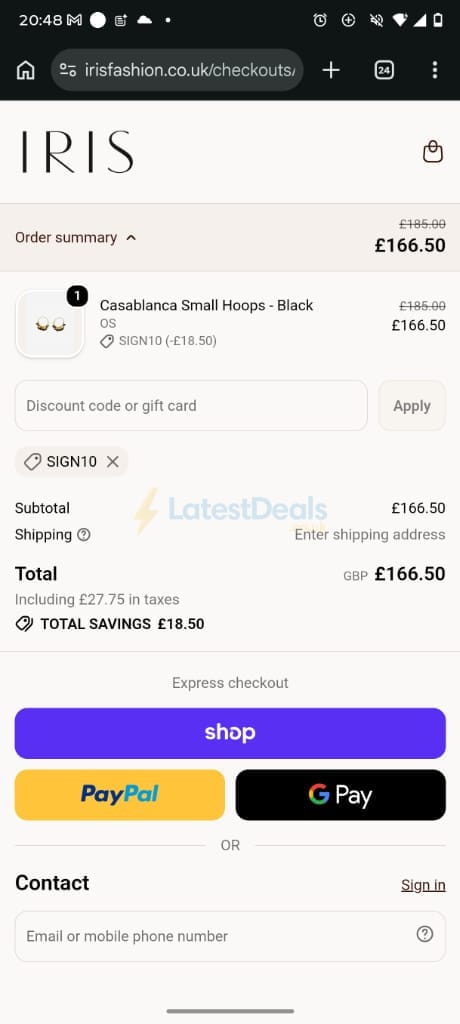 Screenshot of the IRIS Fashion discount code working