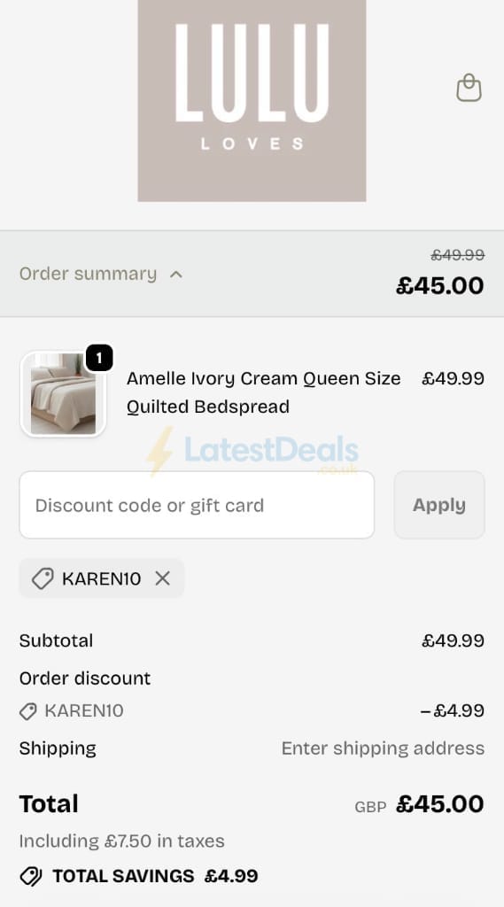Screenshot of the LULU Loves discount code working
