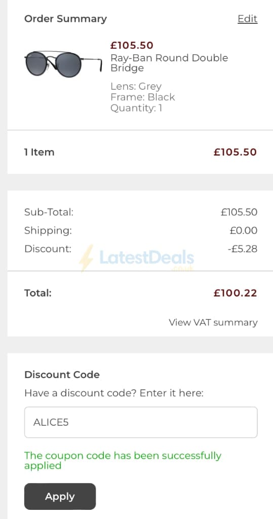 Screenshot of the Shade Station discount code working