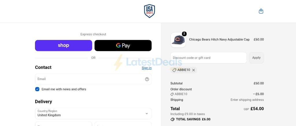 Screenshot of the USA Sports discount code working