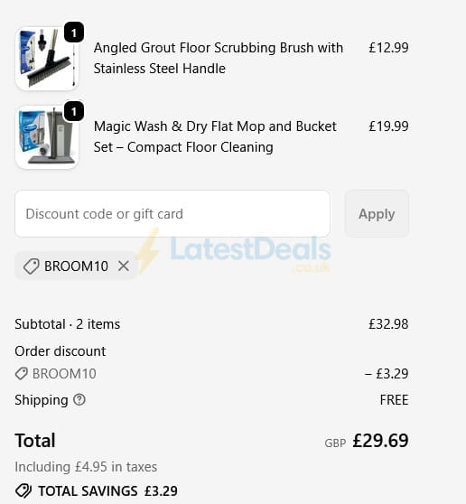 Screenshot of the The Dustpan and Brush Store discount code working