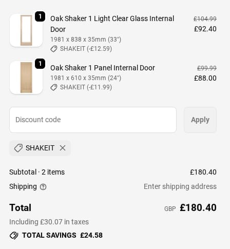 Screenshot of the Green Tree Doors discount code working