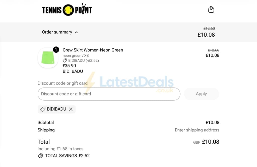 Screenshot of the Tennis Point discount code working
