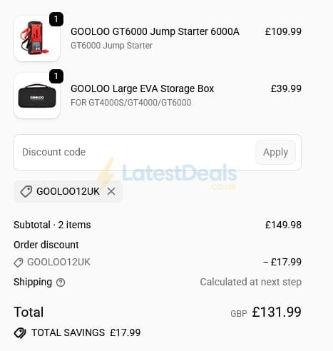 Screenshot of the GOOLOO discount code working